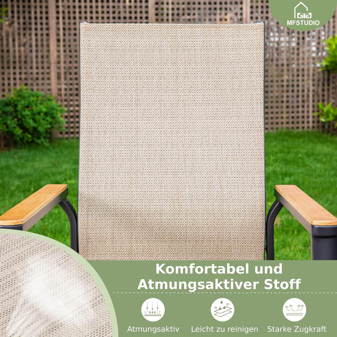 MFSTUDIO Gartenstuhl 4er Set Aluminium, Textilene Balkon Stühle Stapelbar mit Handlauf mit Holzmaser