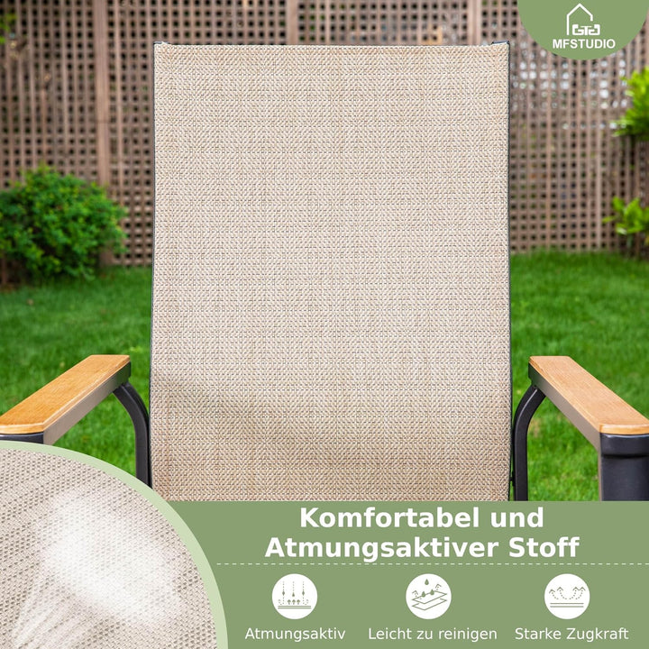 MFSTUDIO Gartenstuhl 4er Set Aluminium, Textilene Balkon Stühle Stapelbar mit Handlauf mit Holzmaser