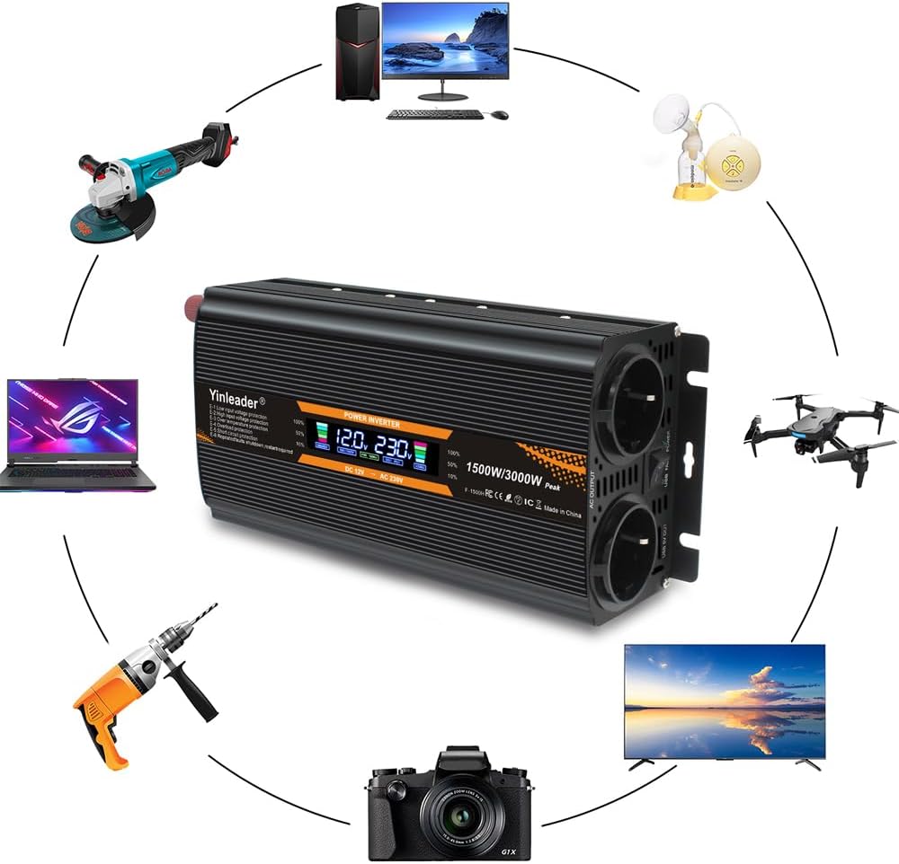 Yinleader Spannungswandler 12V/24V auf 230V 1500W / 3000W Wechselrichter mit 2 EU Steckdosen 1 USB u