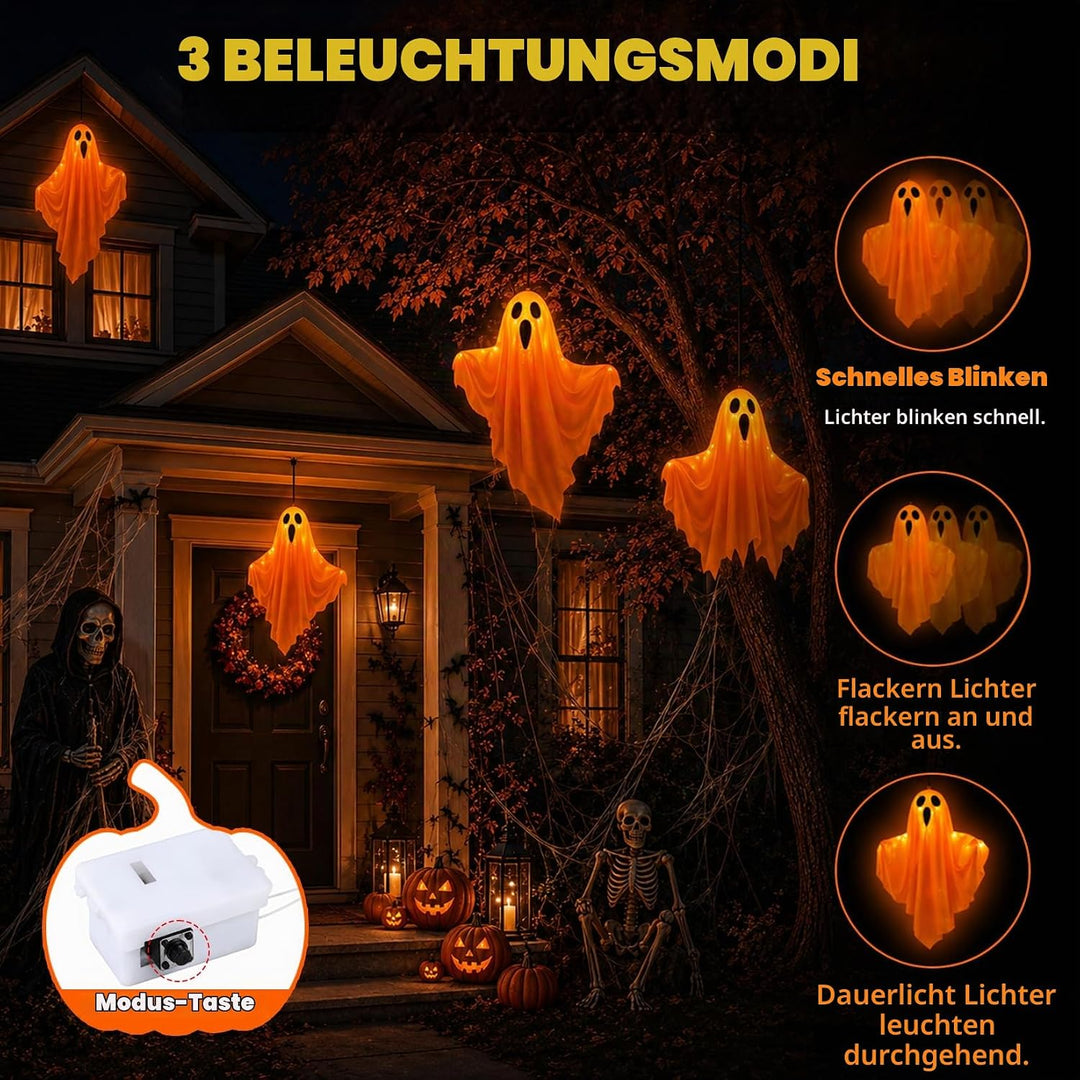 Idota 4er Set Halloween Deko Gespenster in Orange mit LED Lichtern 50cm