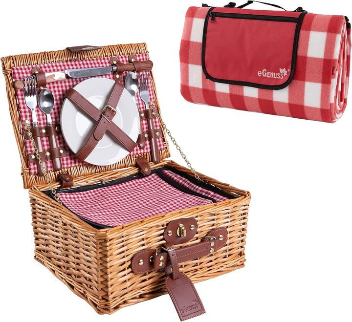 Set 1 Handgefertigtes Picknickkorb für 2 Personen mit Kühlfach und Zubehör + 1 wasserdichte Picknick