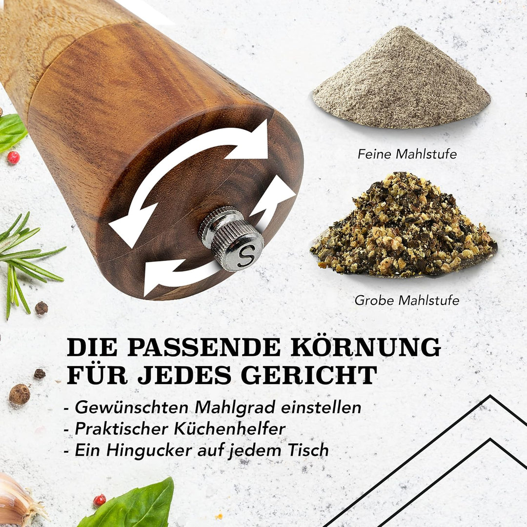 Salz und Pfeffermühle Holz Gross (21 cm) - 2er Set mit Pfeffer und Salzmühle - Gewürzmühle mit Keram