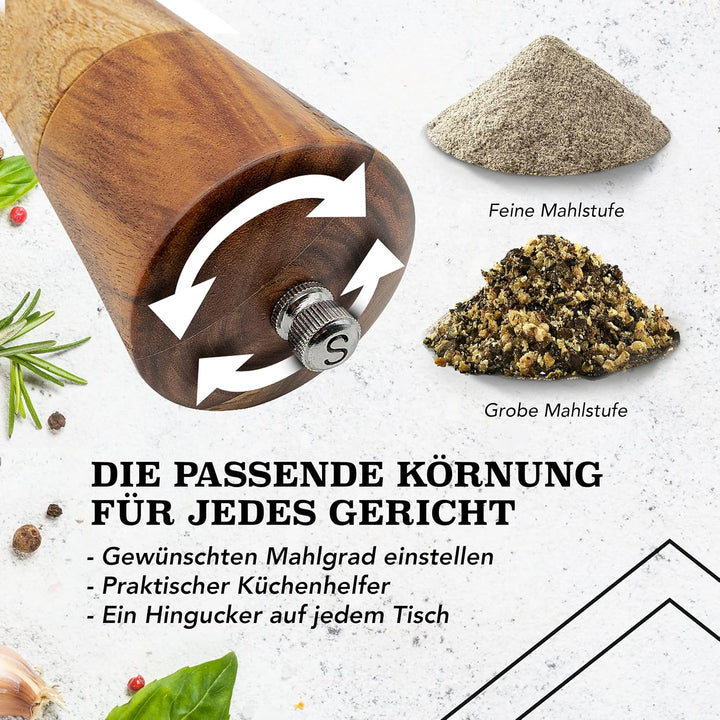 Salz und Pfeffermühle Holz Gross (21 cm) - 2er Set mit Pfeffer und Salzmühle - Gewürzmühle mit Keram