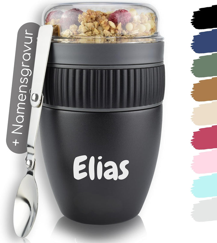 Milu Müslibecher to go mit Gravur 400ml I isolierter Edelstahl Joghurtbecher für Müsli I auslaufsich
