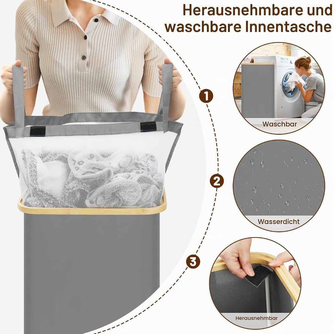 Chumix Wäschekorb mit Deckel, 100L Wäschesammler Faltbare mit Rollen, Wäschekorb Schmal mit Bambus G