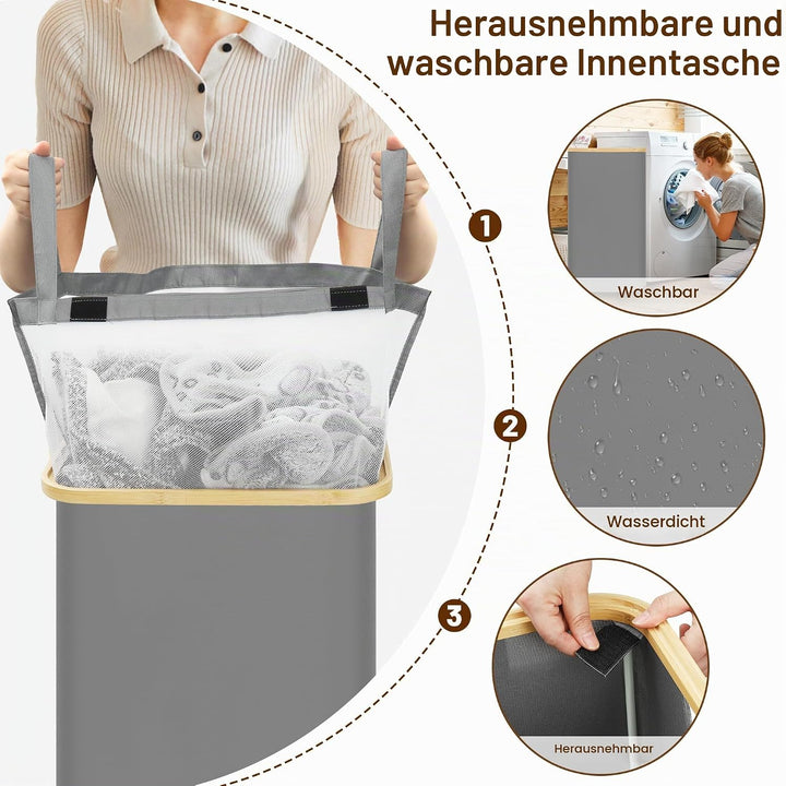 Chumix Wäschekorb mit Deckel, 100L Wäschesammler Faltbare mit Rollen, Wäschekorb Schmal mit Bambus G
