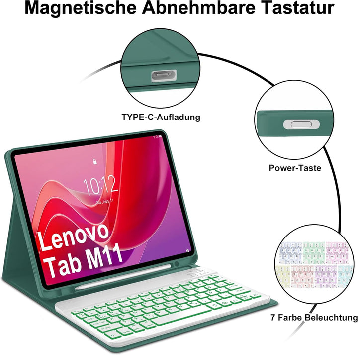 WINCHKING Tastatur Hülle für Lenovo Tab M11 11'' 2024, 7 Farben Beleuchtung, Tablet Magnetisch Abneh