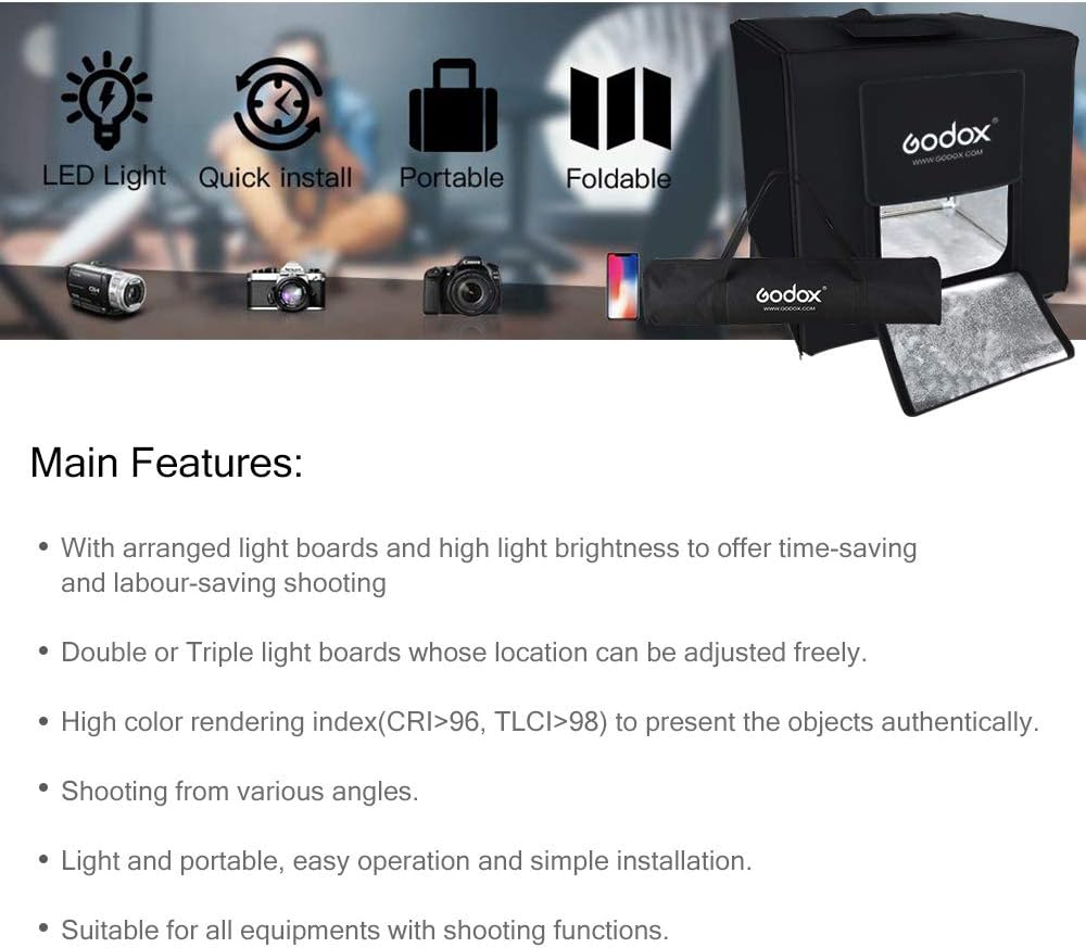 Godox LSD80 Mini LED Fotostudio 80 x 80 x 80 cm mit 2 Stück LED Lampenband Leistung 60 W 10000~11000