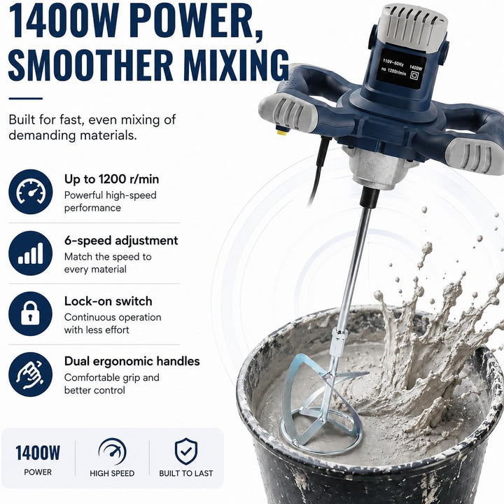 1400W Profi Beton Rührwerk Trockenbaumörtelmischer, 6-Gang Einstellbar 900r/min Mörtelrührer Mischer