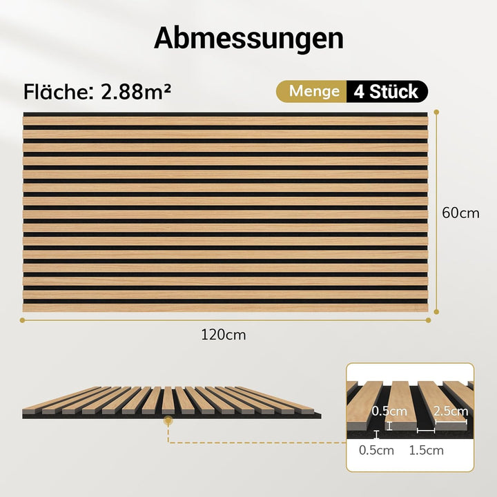 TONOR Akustikpaneele holz, 4 Stück 120x60 cm - 2,88m² Wandpaneele holz Holzpaneele wand als Schallsc