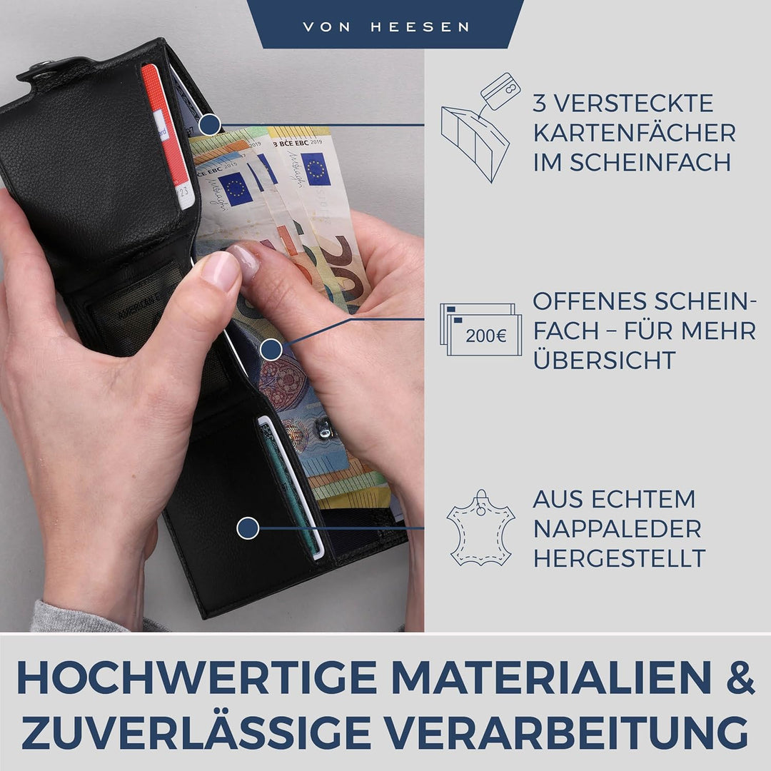 VON HEESEN Slim Wallet mit XXL Münzfach & RFID-Schutz - Leder Geldbeutel - Mini Geldbörse für Herren