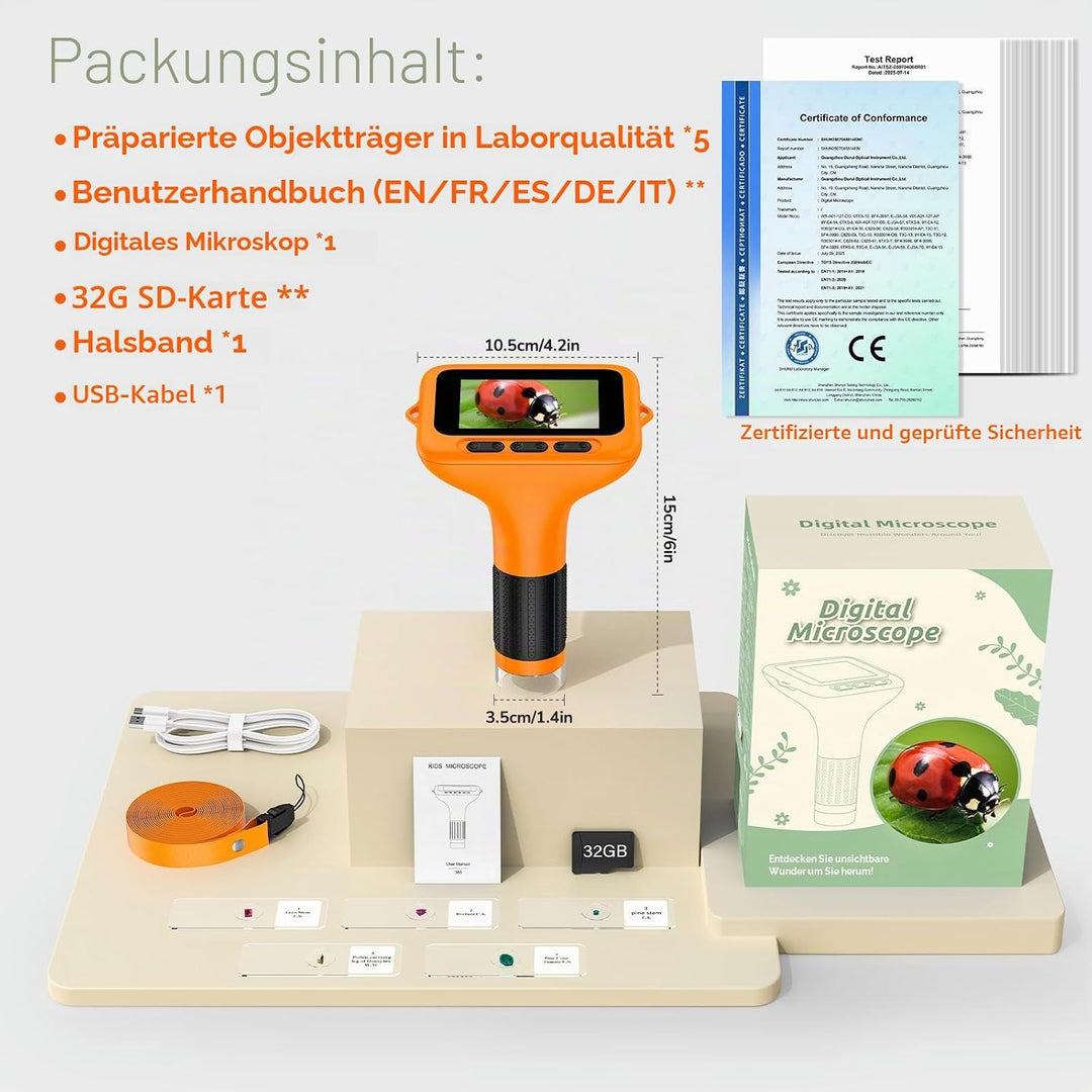 1000X Handheld Digitales Mikroskop für Kinder, 3-Zoll-HD-Bildschirm, Wiederaufladbar, Tragbare Lupe