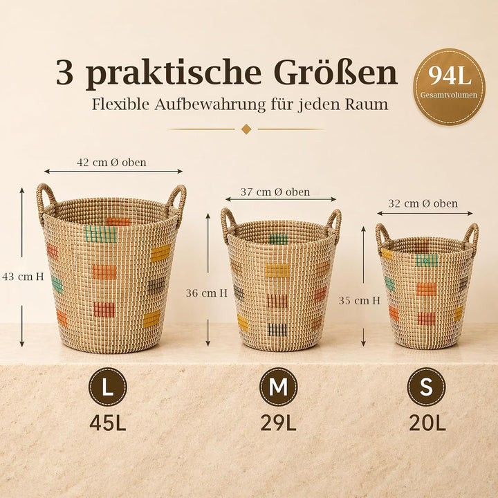 3er Set Aufbewahrungskorb Seegraskorb mit Griffen, Wäschekorb Geflochtener Korb, Handgeflochtener Sp