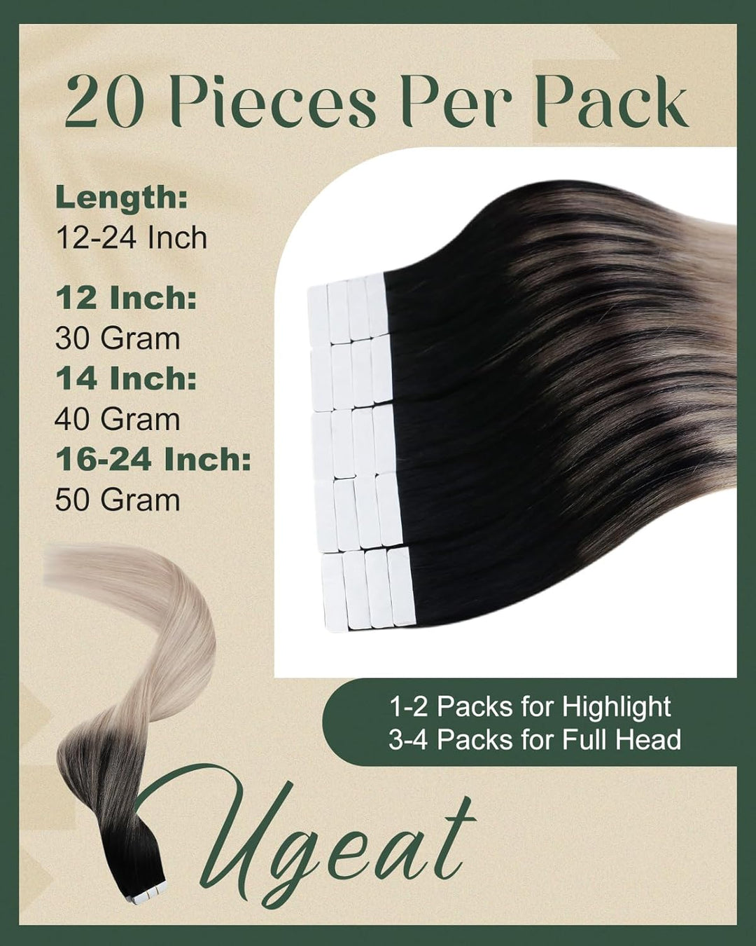Ugeat 60cm Tape Extensions Echthaar Unsichtbar Balayage Tape Extensions Remy Echthaar 1B/18/60 Schwa