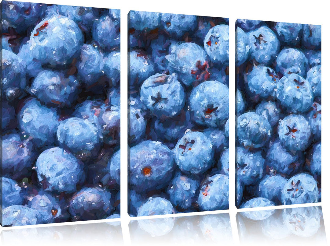 Pixxprint Blaubeeren mit Wassertropfen Kunst Pinsel Effekt 3-Teiler Leinwandbild 120x80 Bild auf Lei