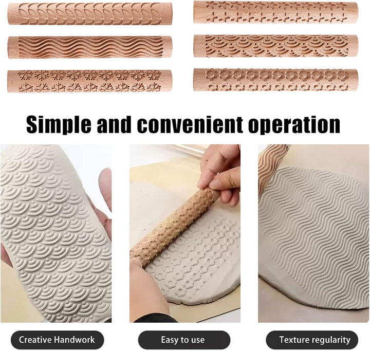 6 x Holz-Tonroller, Modelliermuster-Roller-Set, Töpfereimuster-Roller, Ton-Nudelholz, strukturierter