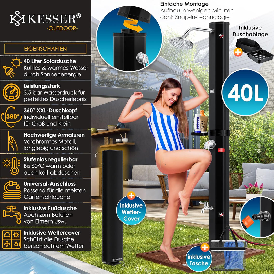 KESSER® Solardusche 40 Liter Solar Gartendusche | warmes Wasser | max. 60°C | Inkl. Schutzhaube | oh