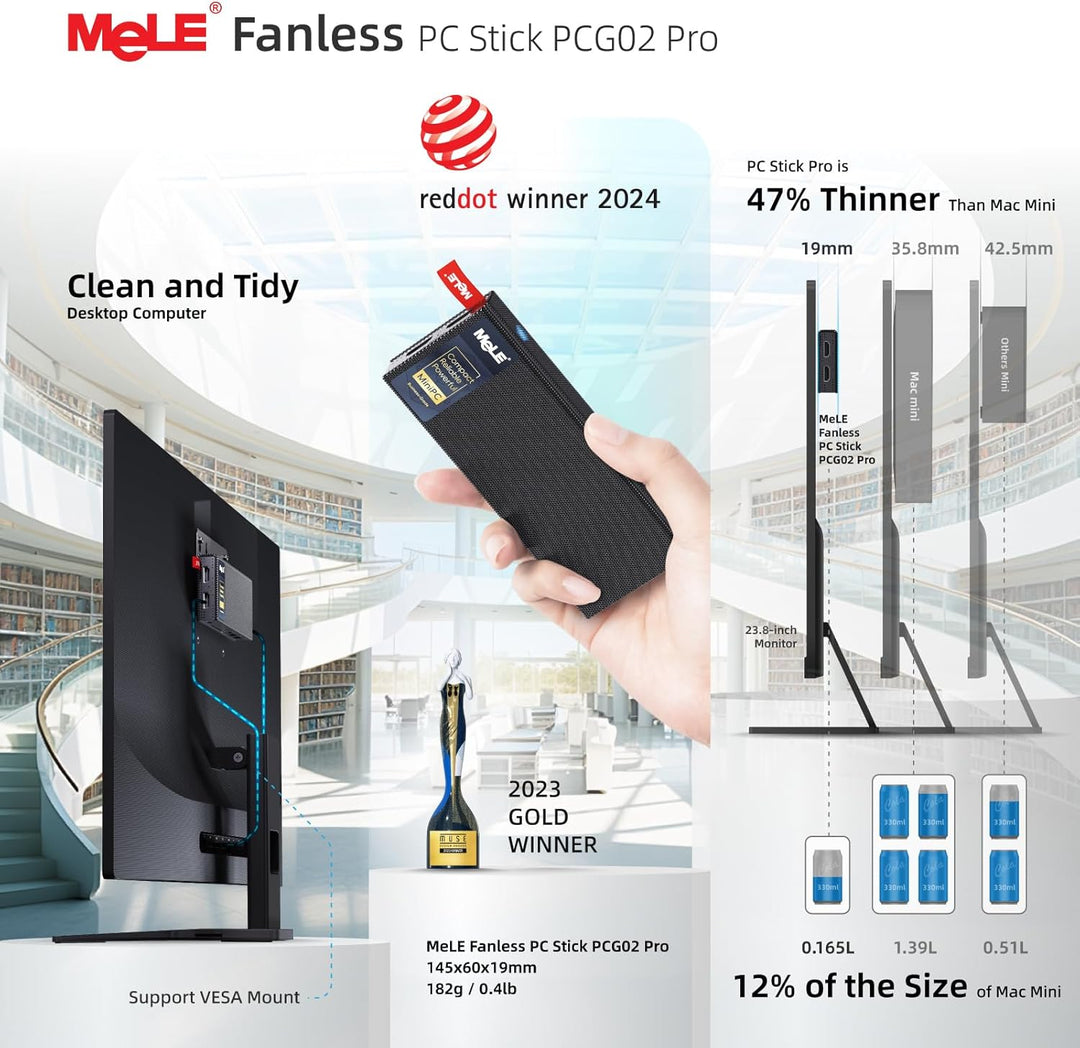 MeLE PCG02 Pro Lüfterloser Mini-PC Stick, Reddot Gewinner 2024, N100 8GB 128GB, Dual HDMI2.0, 4k 60H