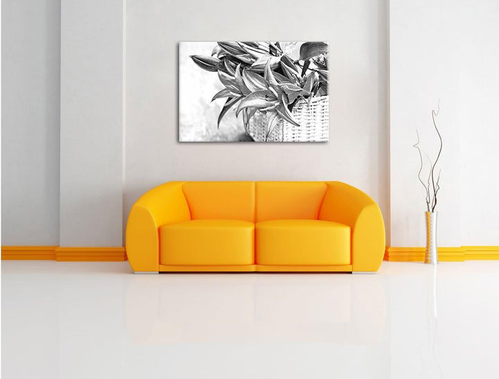 Pixxprint Blaue Blumen im Körbchen / 100x70cm Leinwandbild bespannt auf Holzrahmen/Wandbild Kunstdru