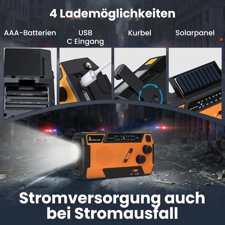 Extralink Kurbelradio Notfallradio mit Solar & Kurbel, Ladefunktion 4000 mAh mit integrierten Ladeka