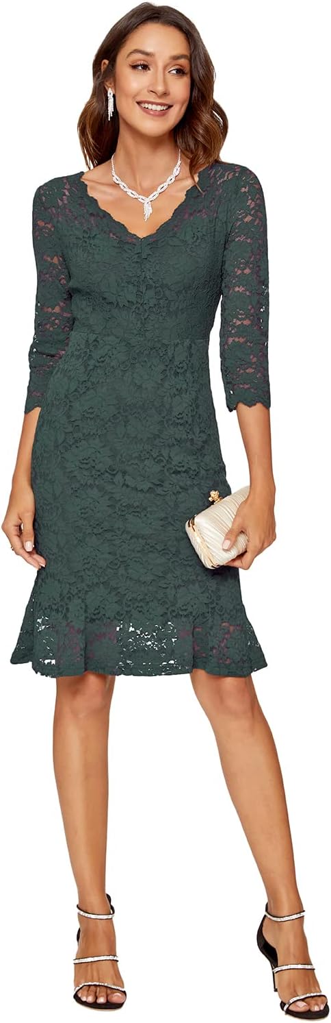 Atnlewhi Damen 3/4 Ärmel Kleid V-Ausschnitt Formeller Abend Bodycon Knielang Vintage Spitzenkleid El