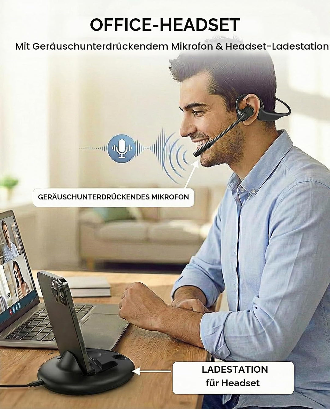 Avantalk Lingo N21 - Open-Ear Kabellos Headset mit Geräuschunterdrückendem Boom-Mikrofon &amp; Ladestati