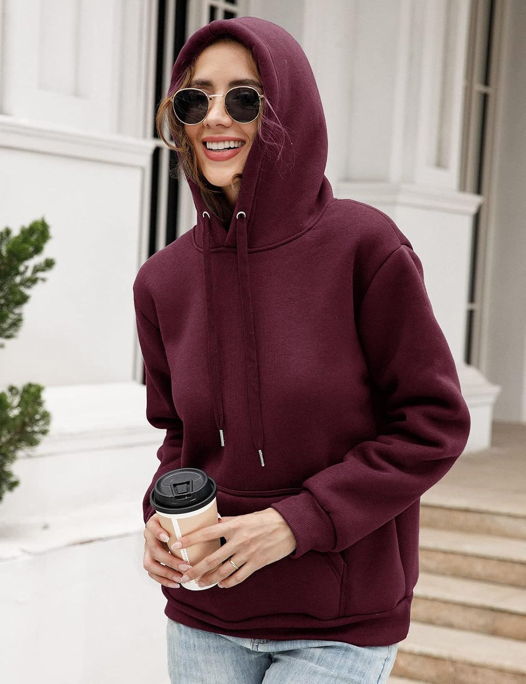 Damen Winter Warmes Sweatshirt Fleece Sherpa Gefütterter Pullover mit Kapuze Lässiger Sportlicher Fl