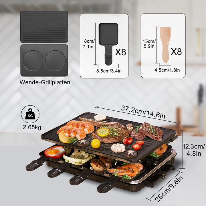 2-in-1 Raclette Grill 8 Personen Elektrisch Tischgrill Antihaftbeschichtet Wende-Grillplatte Elektro