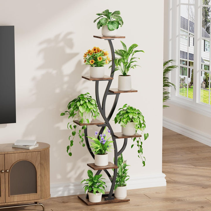 Pflanzenregal mit Wachstumslicht - 7 Ebenen Blumenständer 147cm Metall Holz Pflanzenständer - Innen