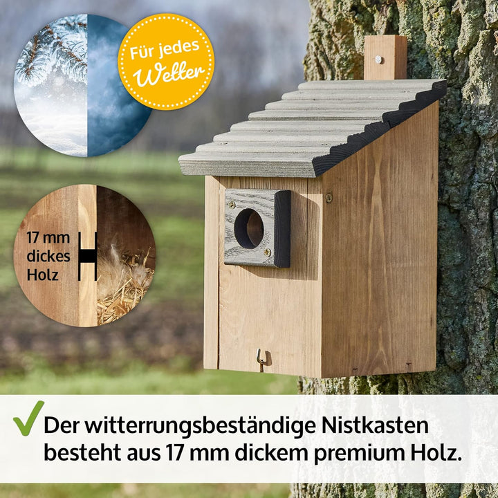 Zooprinz Nistkasten für Wildvögel – Massiv- Holz Vogelhäuschen mit sicherem Schutz gegen Nesträuber
