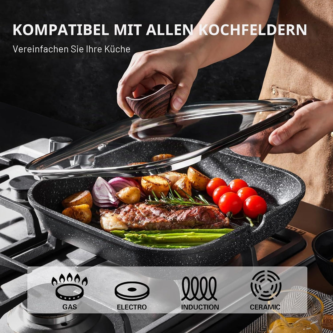 Kordisen Grillpfanne Induktion 24 cm mit Deckel – Grillpfanne mit Ausguss &amp; Steakpfanne quadratisch,