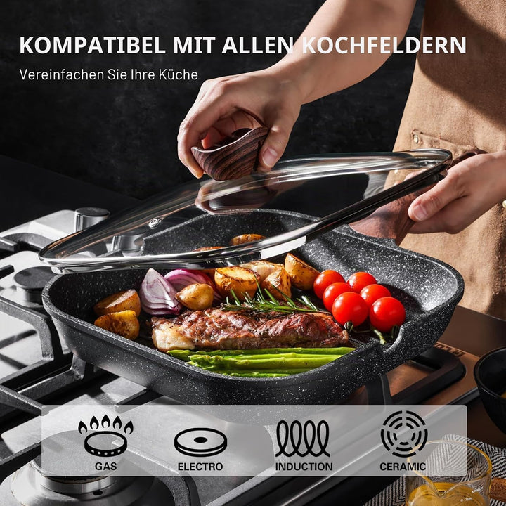 Kordisen Grillpfanne Induktion 24 cm mit Deckel – Grillpfanne mit Ausguss &amp; Steakpfanne quadratisch,