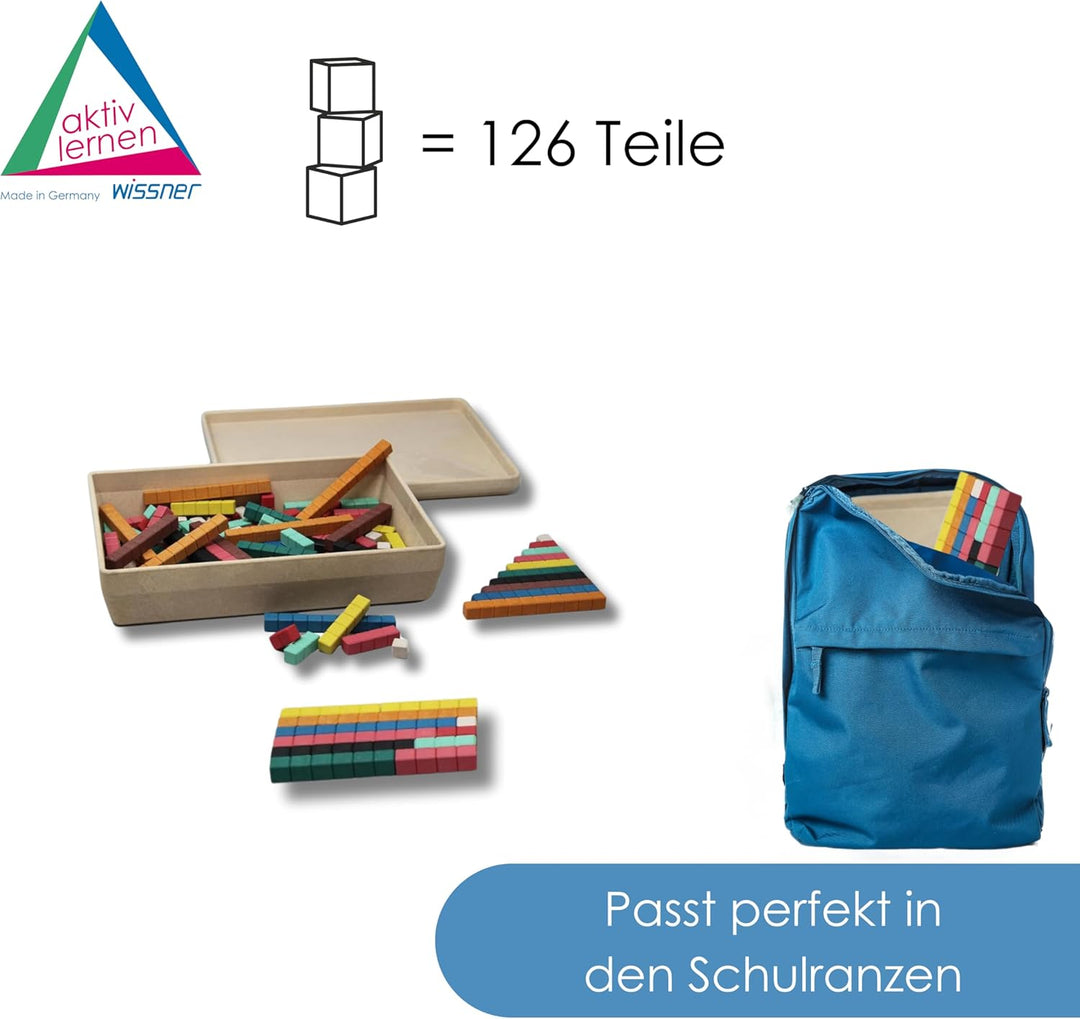 WISSNER® Rechenstäbe 126 Stück, Bunte Rechenstäbe für das spielerische Zahlenverständnis, Re-Wood® R