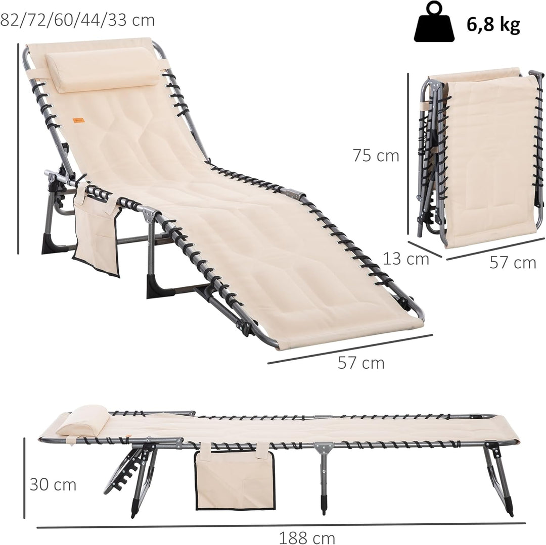 Outsunny Sonnenliege, klappbar Gartenliege mit Kopfkissen, Seitentasche, Liegestuhl mit 5-Fach verst