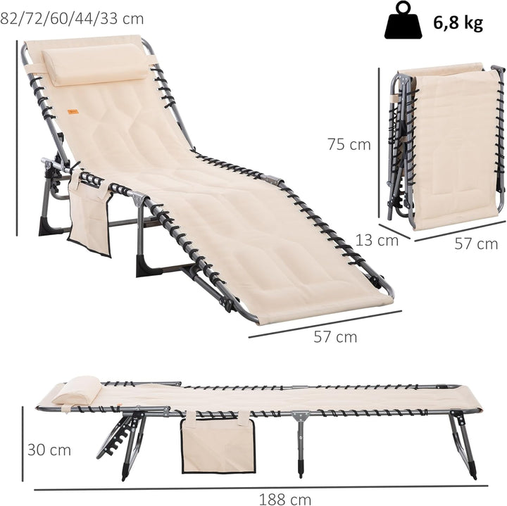 Outsunny Sonnenliege, klappbar Gartenliege mit Kopfkissen, Seitentasche, Liegestuhl mit 5-Fach verst