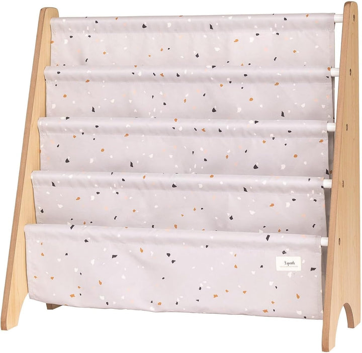 3 Sprouts Bücherregal Kinder, 35 Bücher, Terrazzo Hellgrau | frontale Stoffablagen mit 4 Ebenen für