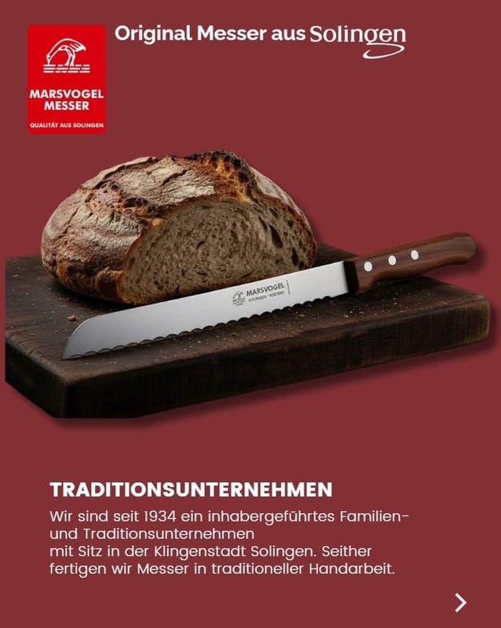 Marsvogel Brotmesser 2,0 mm Rückenstärke mit Welle Made in Solingen Bubinga Bubinga Braun