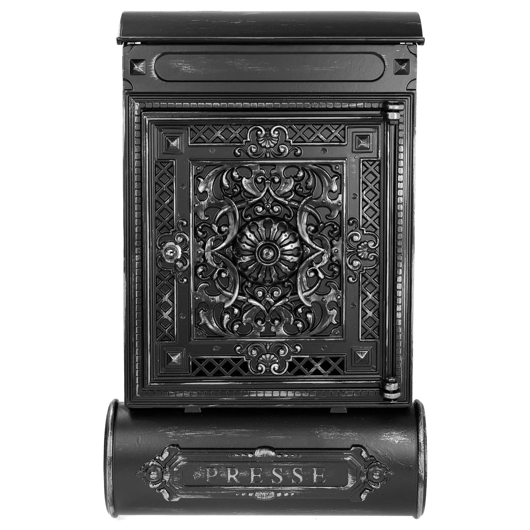 HMF Briefkasten Antik mit Zeitungsfach, Vintage Postkasten aus Aluguss | 57 x 35 x 10 cm | Schwarz-S