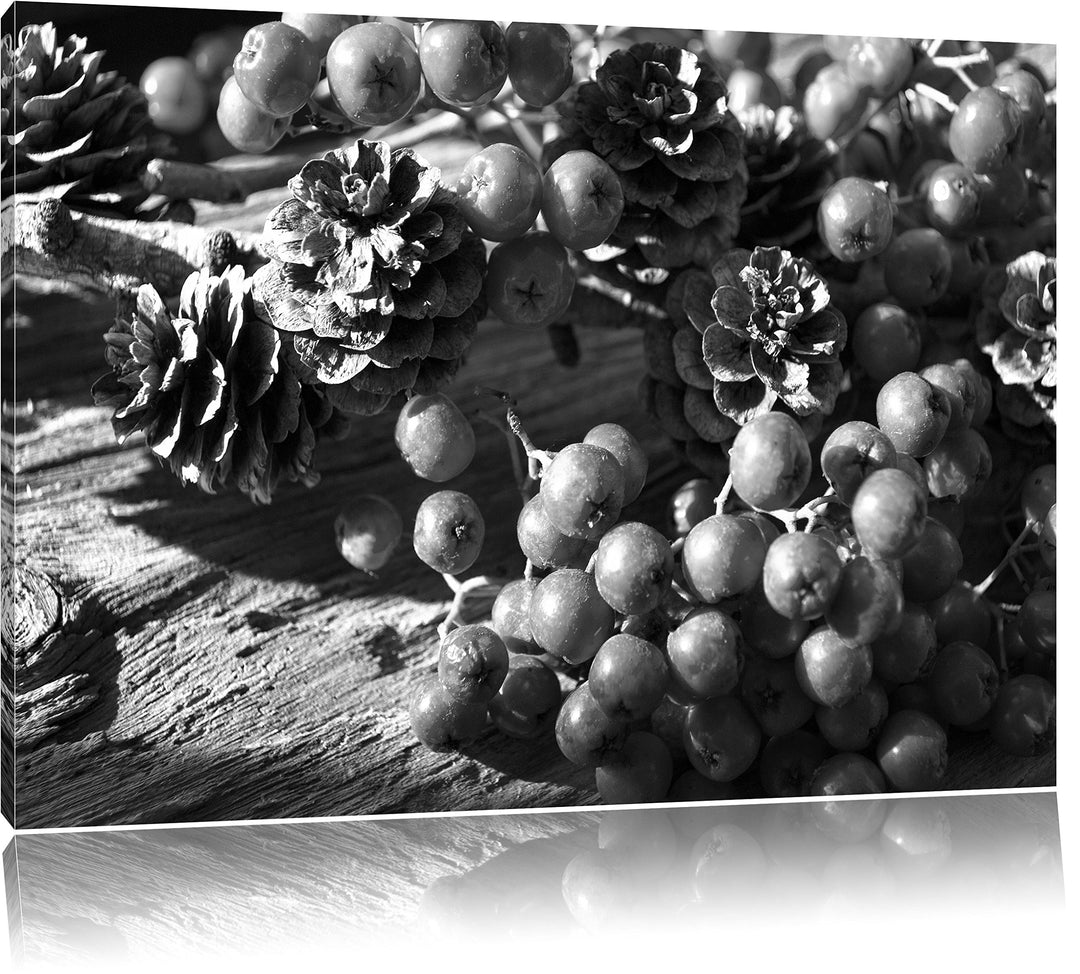 Pixxprint Vogelbeeren und Tannenzapfen Kunst B&W, Format: 100x70 auf Leinwand, 100x70