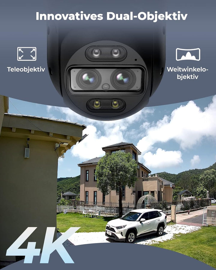 Reolink 4K 8MP PTZ Überwachungskamera Aussen mit Dual-Objektiv, 2,4/5GHz WLAN, Auto-Tracking, Smarte