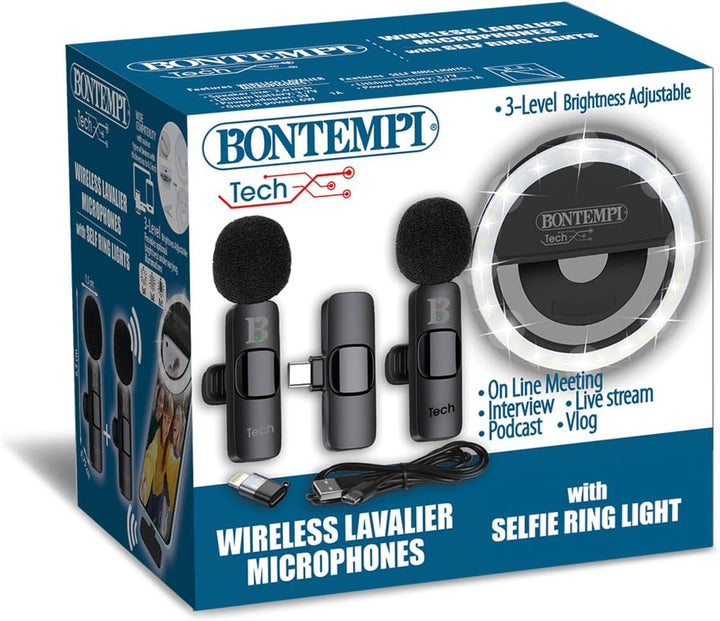 Bontempi | 2 Drahtlose Lavalier-Mikrofone mit Ring Light, Kompatibel mit Smartphone, Tablet, Laptop,