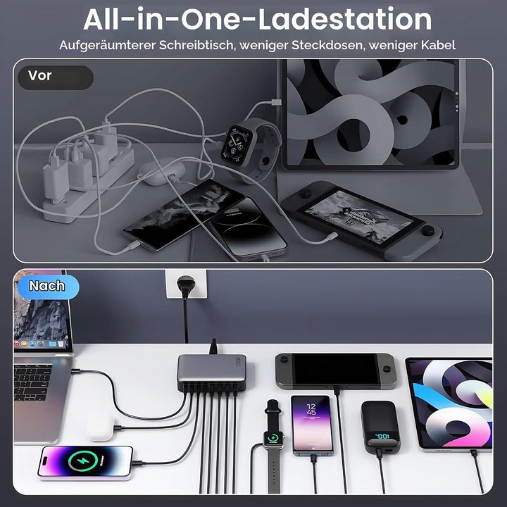 USB C Ladegerät 8-Port Charger Adapter Handy Ladestation 200W USB Netzteil mit 4*USB-C 4*USB-A-Ladep