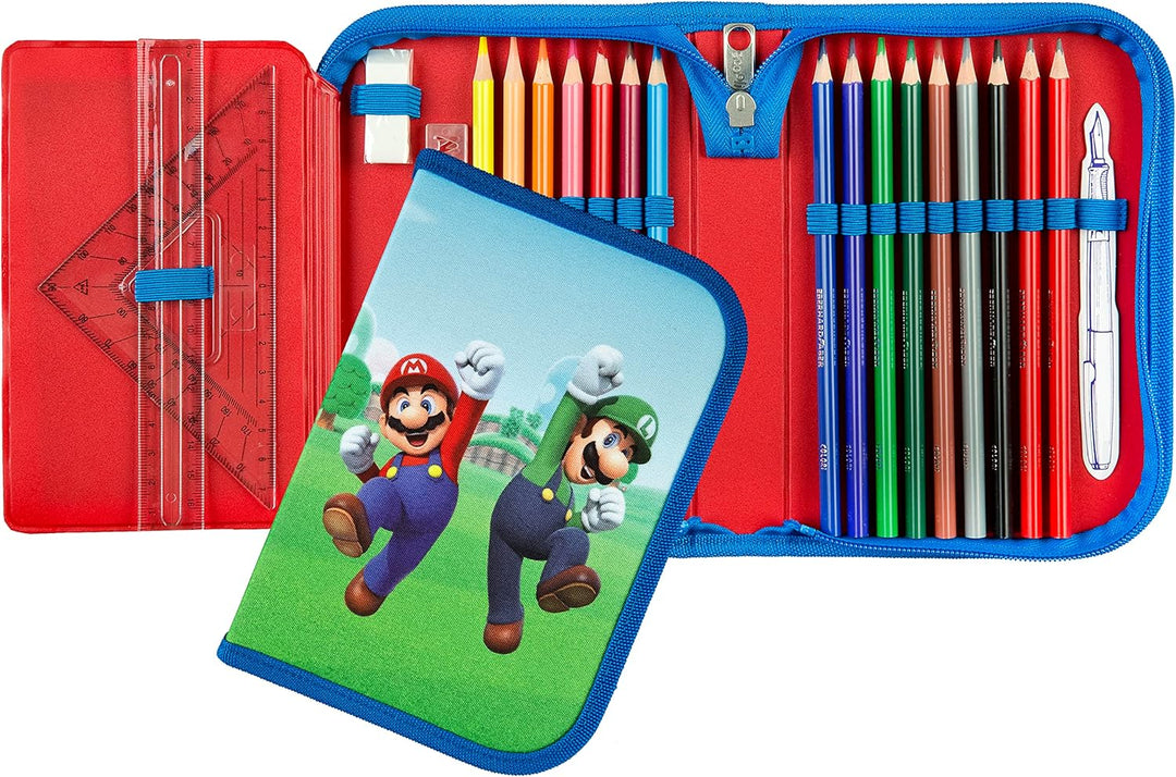 Super Mario gefülltes Schüleretui Federmäppchen inkl. Stiften, Radierer, Lineal etc. I Schlampermäpp