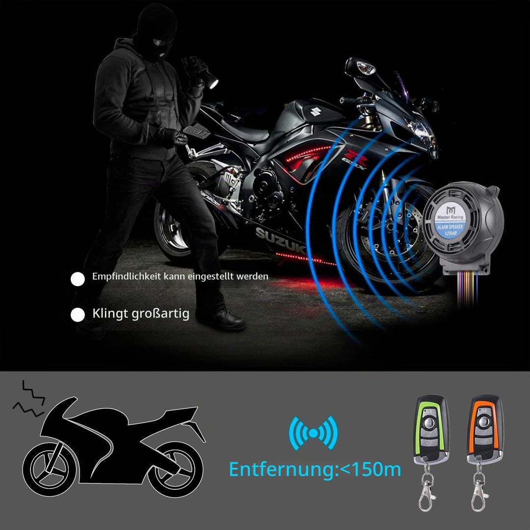 Rupse Motorrad Alarm 125dB, Motorrad Alarmanlage mit Start und Stoppfunktion, 2 Fernbedienung, draht