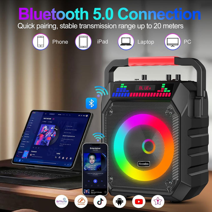 Karaoke Maschine mit 2 Mikrofone, Tragbaren Bluetooth Lautsprecher Box für Erwachsene/Kinder mit Lic