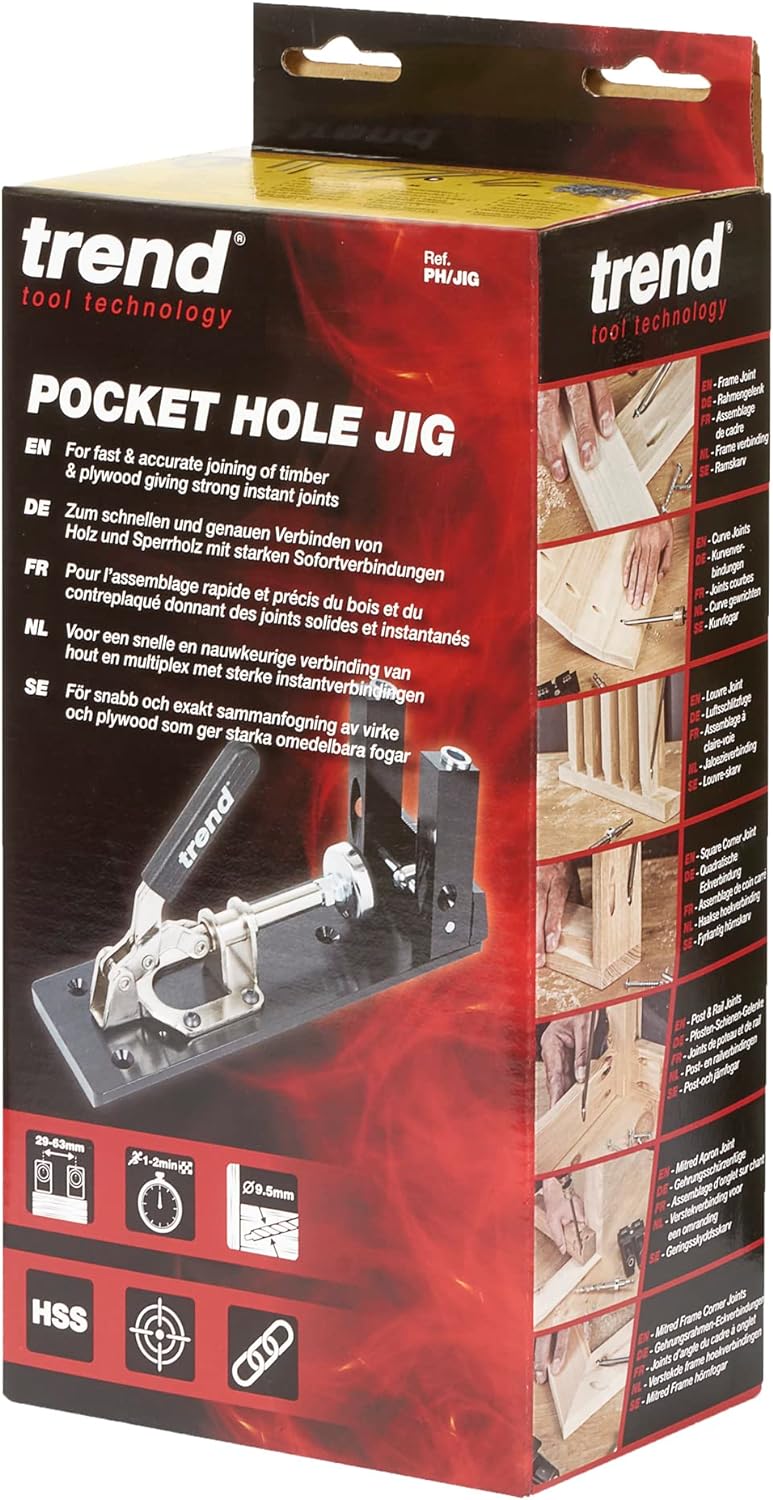 Trend Pocket Hole Jig Kit with Dual Column Jig, Face Clamp, HSS Drill Bit & Depth Setting Collar, 2