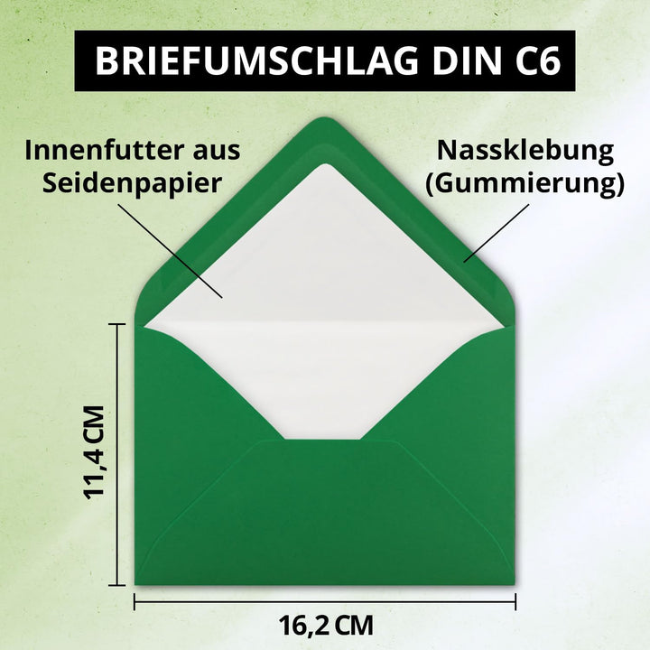 75 Briefumschläge Tannengrün (Grün) - DIN C6 - gefüttert mit weissem Seidenpapier - 100 g/m² - 11,4