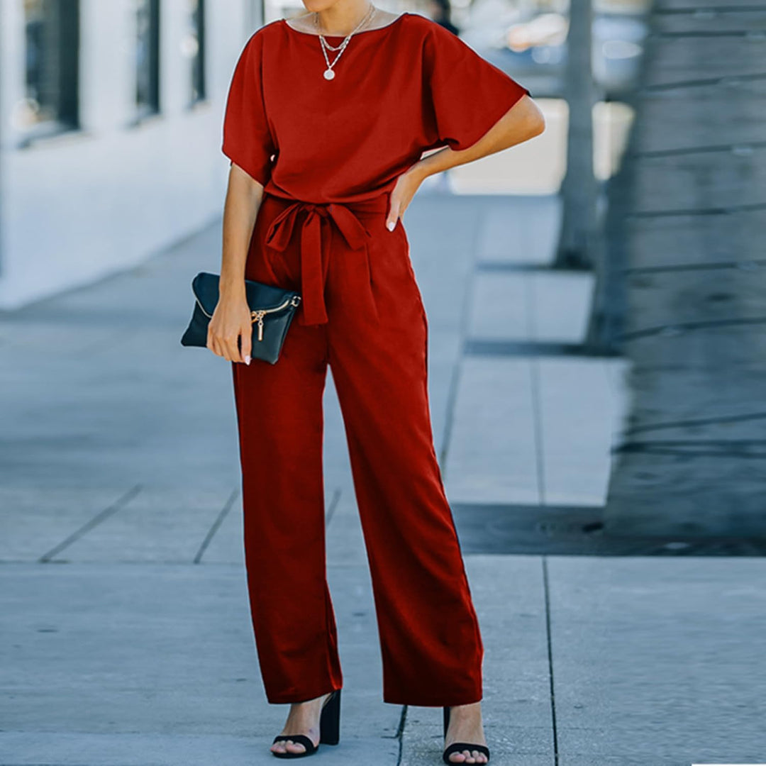 Coloody Damen Lang Jumpsuit Elegant Sommer Kurzarm V-Ausschnitt Overall Hosenanzug Romper Weites Bei