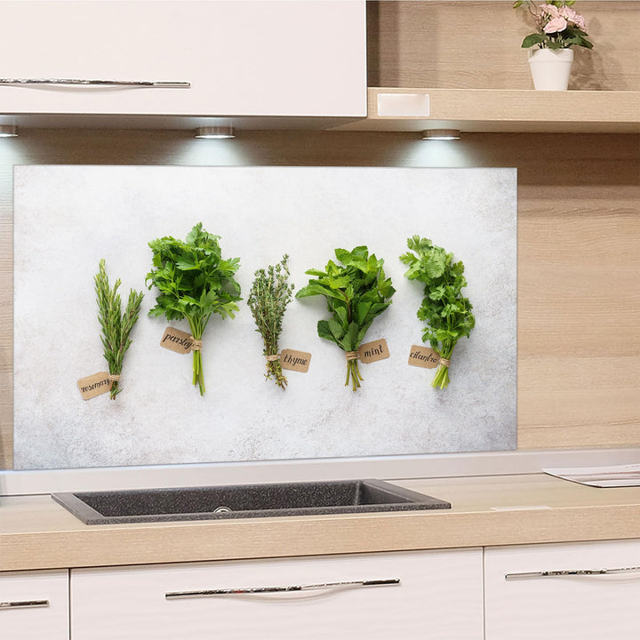 GRAZDesign Spritzschutz Küchenrückwand Glas Küche für Herd & Küchenspüle, Grau mit Kräuter | Glaspla