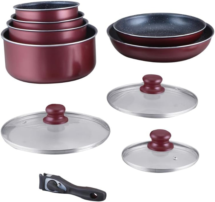 HAGEN, Stone coated cookware, Removable handle, 10 pieces, Bordeaux, Non-stick coating, All burners,